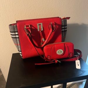 Red Purse with plaid sides and matching red wallet.